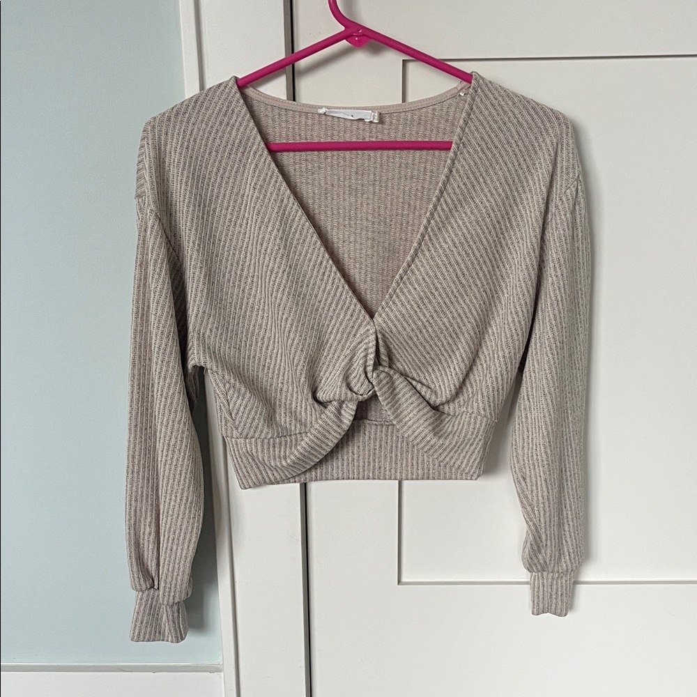 Beige Knotted Ribbed Sweater